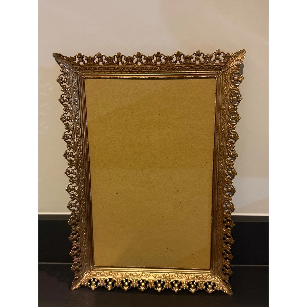 Vintage Ornate Gold Metal Filigree Picture Frame Hollywood Regency Victorian